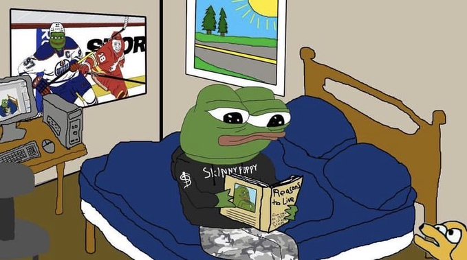 A cartoon drawing of a green Pepe the Frog character wearing a 'Skinny Puppy' shirt and camo pants, reading a 'Reasons to Live' book on a blue bed in a room with a hockey poster.
