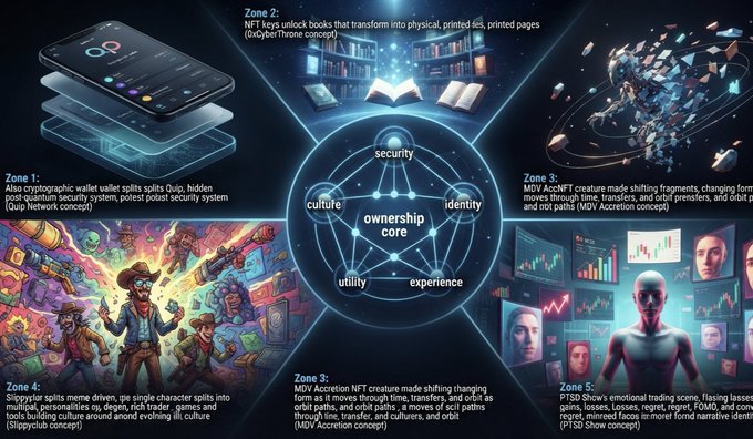 A conceptual infographic showing five zones of NFT innovation including crypto wallets, tokenized books, Slippysplit memes, MDV Accretion, and emotional trading scenes.