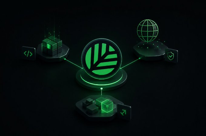 A glowing green circular emblem with a stylized leaf design sits at the center of a dark digital scene, connected by luminous lines to surrounding icons including a globe with network nodes, a code symbol "</>", a shield with a checkmark, and a 3D cube—visually representing Canopy Network's integrated infrastructure stack. The composition reinforces the post's message about Canopy owning its core technology (sequencers, bridges, and production) rather than relying on external modular dependencies.