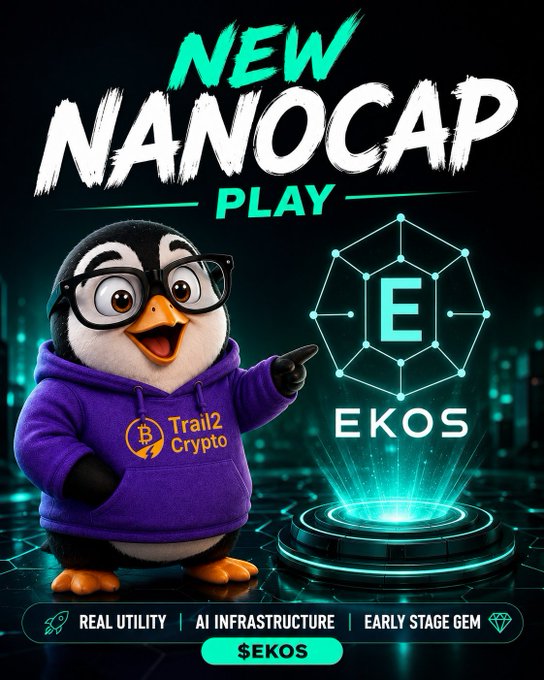 A crypto promotional graphic titled 'NEW NANOCAP PLAY' featuring a cartoon penguin character wearing a purple 'Trail2 Crypto' hoodie, promoting the token $EKOS with tags 'REAL UTILITY', 'AI INFRASTRUCTURE', and 'EARLY STAGE GEM'.