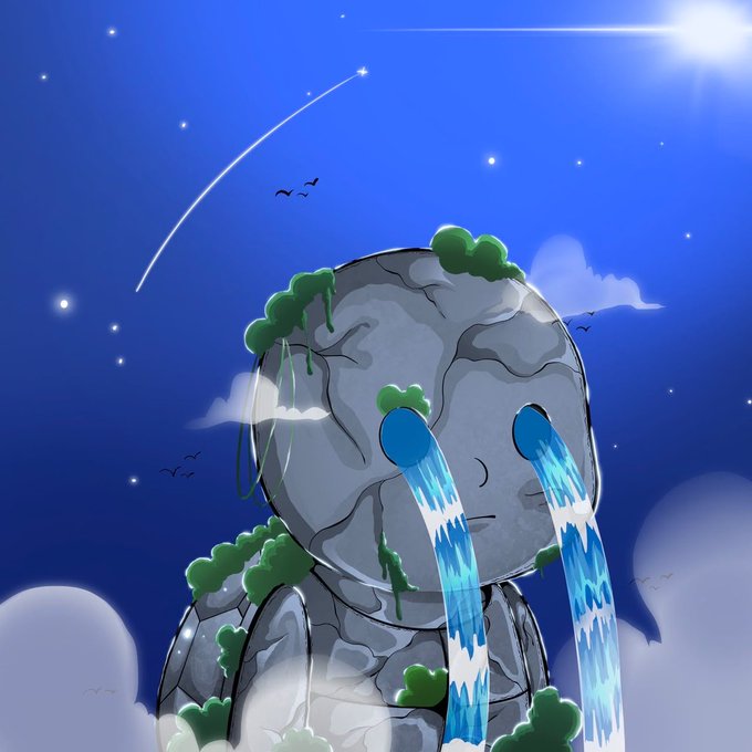 A digital illustration depicts a stone figure resembling the Earth, crying streams of water from its eyes against a night sky with a shooting star and clouds.