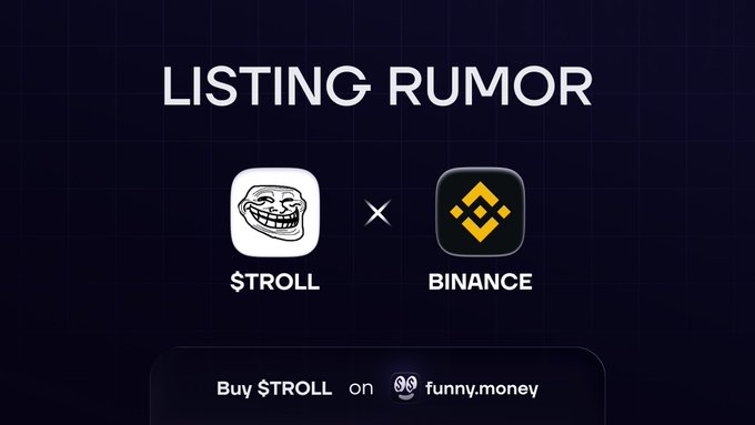 The image features a post with an overlay of two cartoon faces – one white and one black. A humorous drawing depicts an unhappy clown, while another drawing displays a sad-looking person with a smiling face. The text overlaying these images reads "LISTING RUMOR" followed by three suggestions for items to sell: $TROLL, $STROLL, & $BINANCE. There are also hints of social media mentions related to the listing rumour discussion.