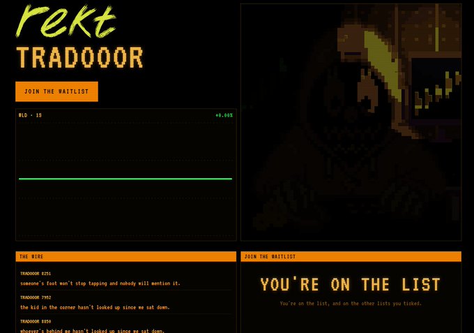 A dark, retro-styled webpage for 'rekt TRADOOOR' featuring a pixel art image, an orange 'JOIN THE WAITLIST' button, and a confirmation message stating 'YOU'RE ON THE LIST'.