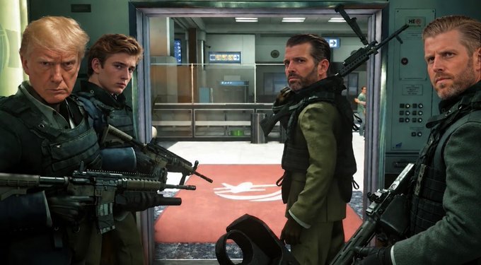 Four stern-faced men in tactical gear and military-style clothing hold rifles inside a high-tech facility with control panels and a red carpet visible behind them. The post's reference to "$CRIME" and "no dips" plays on the confrontational, mercenary vibe of the scene, evoking the ruthless, no-nonsense attitude associated with a criminal-themed meme or crypto token.
