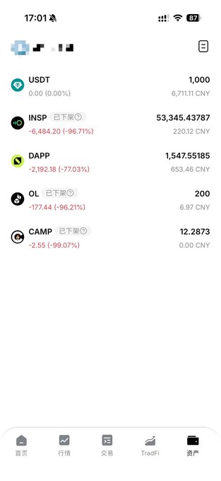 A mobile crypto portfolio screenshot shows holdings of USDT (1,000), INSP (53,345 tokens, down 96.71%), DAPP (1,547 tokens, down 77.03%), OL (200 tokens, down 96.21%), and CAMP (12.2873 tokens, down 99.07%), with three of four altcoins marked as delisted ("已下架"), visually illustrating the post's claim about altcoins crashing over 95% and being removed from exchanges.
