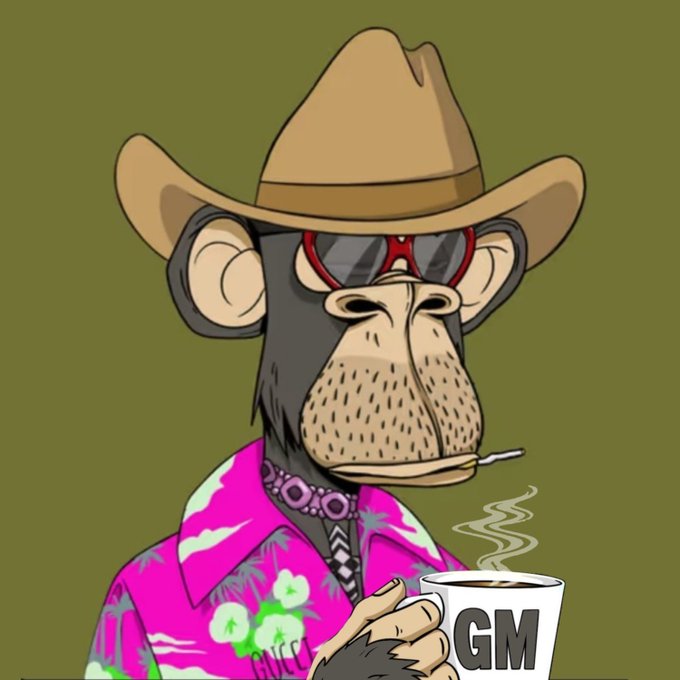 A digital illustration of a stylish monkey character wearing a cowboy hat, sunglasses, and a pink floral Hawaiian shirt, holding a steaming mug labeled 'GM'.