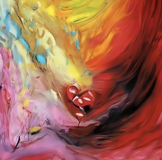 An abstract oil painting features swirling, vibrant brushstrokes in warm yellows, oranges, and reds contrasting with cool blues and pinks, with a small red heart-like form nestled in the center.