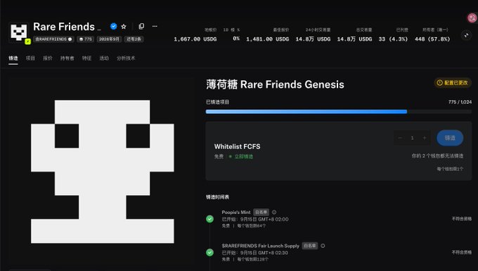The image shows a webpage for "Rare Friends" NFT mint, displaying a pixelated character logo, a "Whitelist FCFS" mint button with 775/1024 already minted, and statistics showing a floor price of 1,667.00 USDC with 1,481.00 USDC volume. This supports the post's claim about the free mint being live with remaining spots available at a rapidly rising floor price ahead of tonight's public launch.