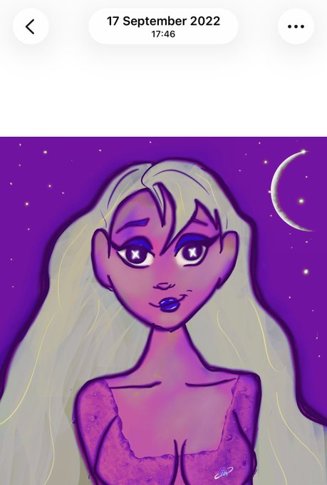 A digital drawing of a blonde woman with star-shaped highlights in her eyes against a purple night sky with a crescent moon, dated '17 September 2022 17:46'.