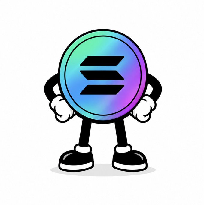A cartoon mascot of the Solana logo with arms, gloves, legs, and shoes against a white background.