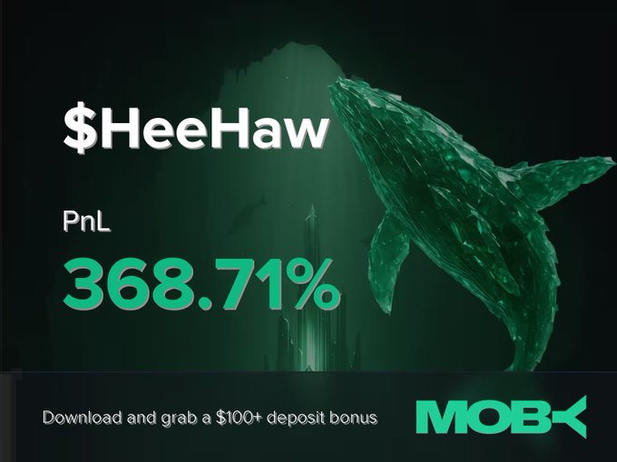 A promotional graphic from Moby Mobile displays the ticker $HeeHaw with a striking green PnL of 368.71%, accompanied by a large whale tail and a call-to-action offering a $100+ deposit bonus. The image visually celebrates the trader's win highlighted in the accompanying "Win Alert" post, which notes the token's rise from $123.22K to $3.5M market cap.
