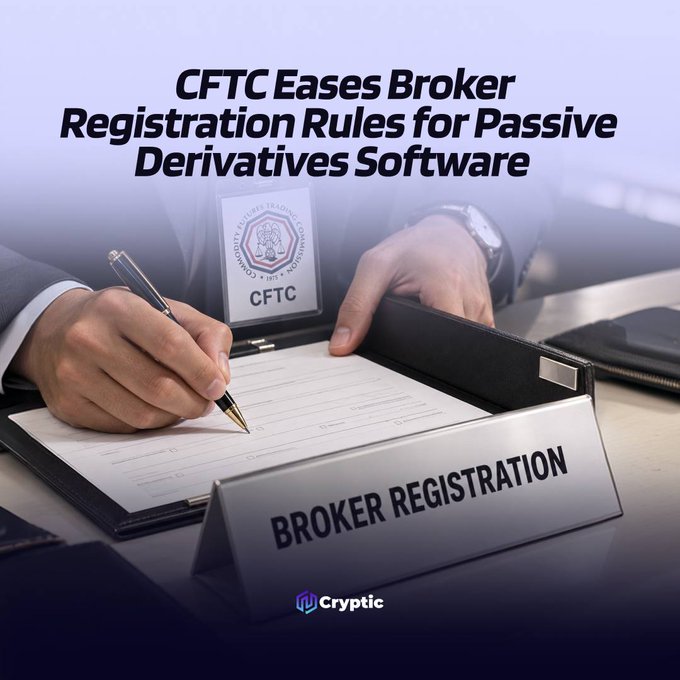 A person signs a "Broker Registration" form under a CFTC seal, illustrating the new regulatory relief that allows passive derivatives software developers to connect users to registered trading venues without needing broker registration.

Key text visible: "CFTC Eases Broker Registration Rules for Passive Derivatives Software," "BROKER REGISTRATION," and the CFTC seal, along with the "Cryptic" logo.