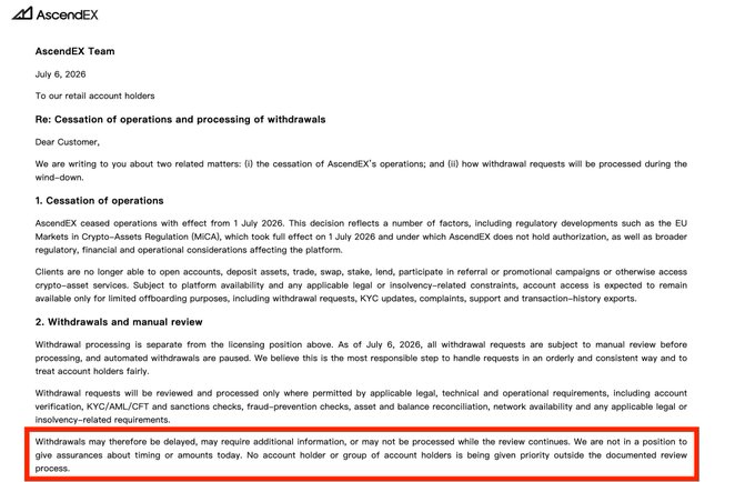 The image shows an official letter from AscendEX dated July 6, 2026, announcing the cessation of operations effective July 1, 2026, and detailing the manual review process for withdrawals. The highlighted text specifically warns customers that "Withdrawals may therefore be delayed, may require additional information, or may not be processed while the review continues," directly addressing the accompanying post's concern about users potentially losing access to their funds on the platform.