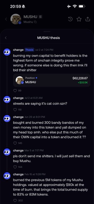 The image shows a Telegram channel called "MUSHU thesis" run by user "chance," displaying messages about buying and burning hundreds of bandy bandos worth of the MUSHU token, along with a position value of $62,228.67 and a $33.5k gain. This relates to the accompanying post about "Brother Giant Whale" aggressively buying the cat coin "MUSHU" and burning 5M tokens, as the chat captures evidence of these massive accumulation and burn actions.