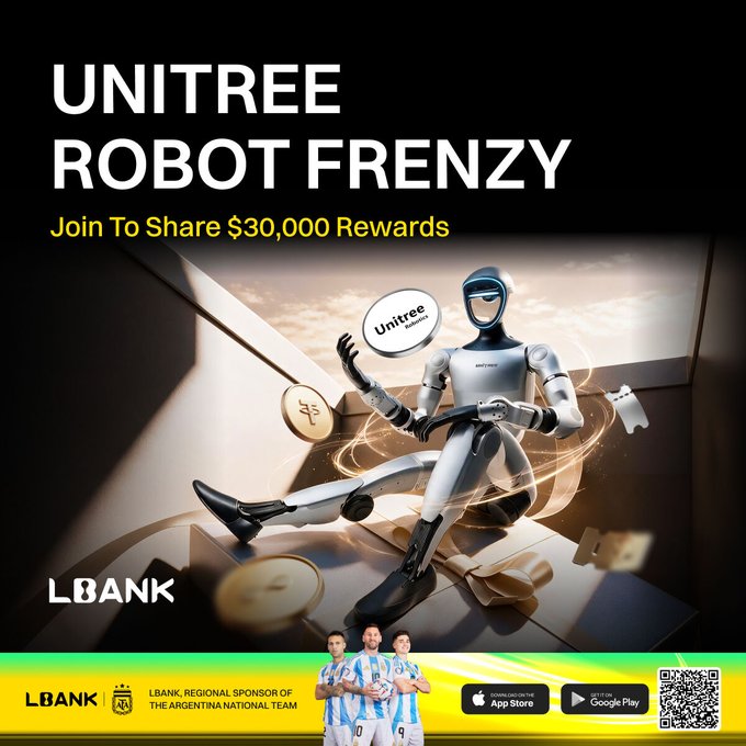 A promotional graphic for the "UNITREE ROBOT FRENZY" campaign on LBank announces "$30,000 Rewards" for participants, featuring a sleek humanoid robot perched on giant coins alongside the Unitree Robotics logo, with sponsor details for LBank as a regional sponsor of the Argentina National Team displayed at the bottom.