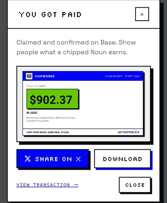 A receipt notification from Chipworks displaying a total claimed amount of '$902.37' on the Base network, dated 15 Sept 2024, with options to share on X or download.