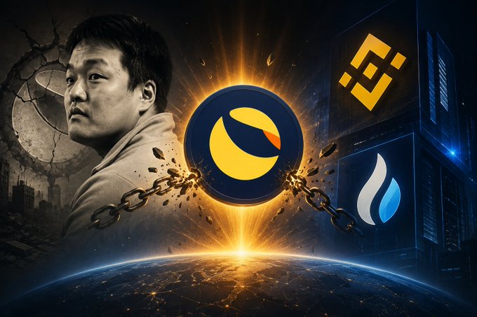 The image features Do Kwon alongside the Terra Luna Classic (LUNC) logo, with Binance and HTX branding displayed, symbolizing the crypto founder's connection to the LUNC ecosystem and its continued backing by major exchanges. The dramatic composition with breaking chains and a glowing Earth emphasizes the resilience of the LUNC community following the project's turbulent history.