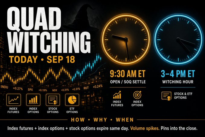 Trading infographic titled 'QUAD WITCHING' for September 18, featuring two clocks showing 9:30 AM ET (Open/SOQ Settle - Index Futures & Index Options) and 3-4 PM ET (Witching Hour - Stock & ETF Options), with index data INDU +0.27%, SPX +0.19%, NDX +0.31%, RUT +0.24%.