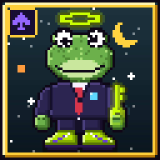 A pixel art illustration of a green frog character wearing a blue suit, red tie, and a halo, holding what appears to be a small object.