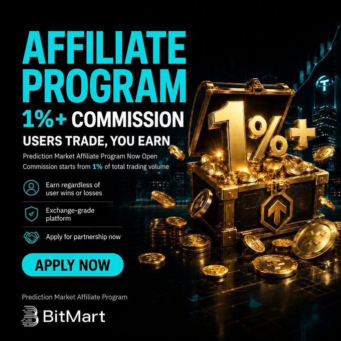 BitMart's Prediction Market Affiliate Program ad offering 1%+ commission on user trading volume, featuring a treasure chest overflowing with gold coins and a large "1%+" sign against a dark cityscape backdrop, with an "Apply Now" call-to-action button.