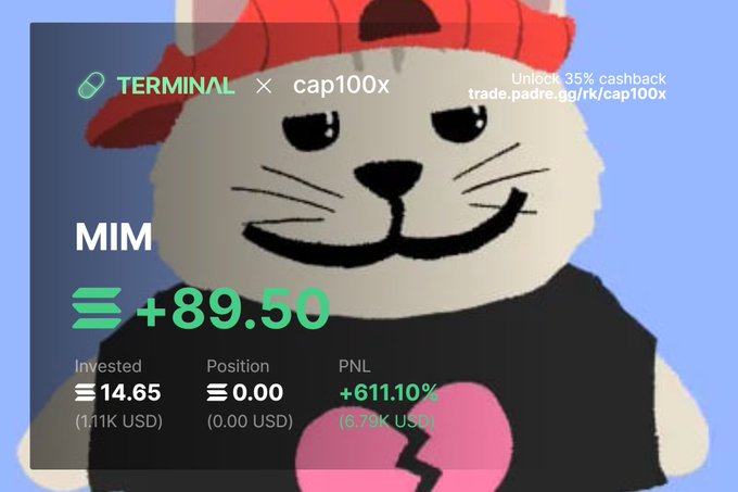 A screenshot of the Terminal trading app showing the MIM memecoin position with a +611.10% PNL gain ($14.65 invested growing to $6,700), overlaid on a cat-in-a-hat memecoin graphic. The image illustrates the post's claim of turning $1,000 into $6,700 by showcasing the Terminal app interface displaying the successful memecoin trade's returns.