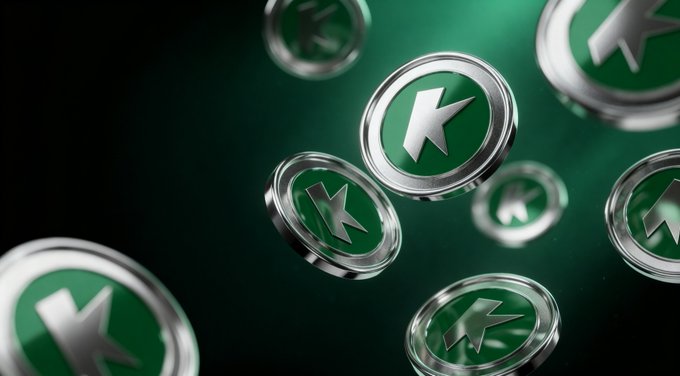 Multiple metallic silver coins with green circular centers featuring a white 'K' or lightning bolt symbol floating against a dark green background.