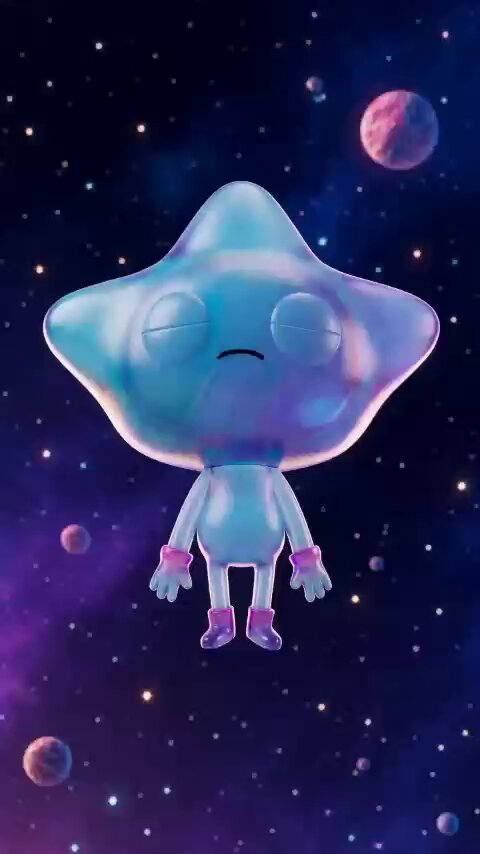 The image features a cartoon character with blue eyes and arms, wearing pink shoes, floating in space surrounded by planets and stars. The caption reads "Meet Your AI Companion in the @ritualnet World After a smooth landing from Imagineer Planet, our favorite visitor is recharged and ready to mingle." This suggests that the character has just landed on a planet or star system and is now exploring its surroundings while interacting with other characters within this virtual world.
