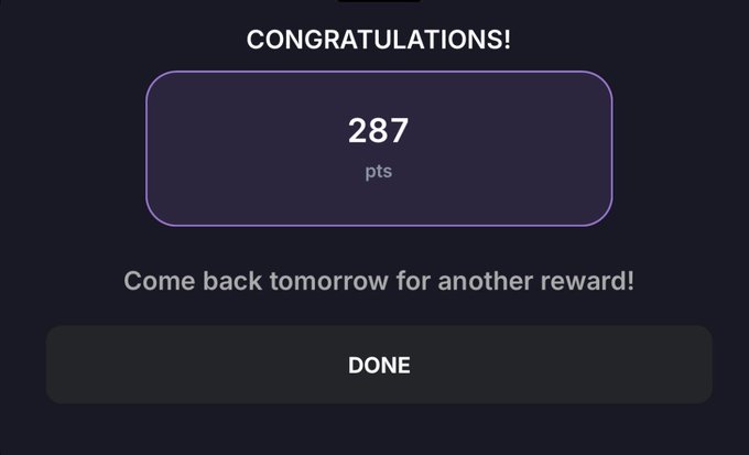 The image shows a screen with a purple square that displays the number "297" along with the words "Congratulations! You've earned a purple daily reward!". The background of the image is black, making the purple square stand out prominently. The text in the image reads "@Courtyard_io", which could be a social media handle or an email address associated with the account that posted this message.