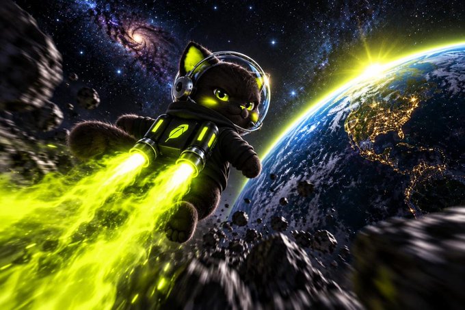 A digital artwork depicting a black cat wearing an astronaut suit with green glowing accents, flying through space with green rocket thrusters, near Earth and an asteroid field.