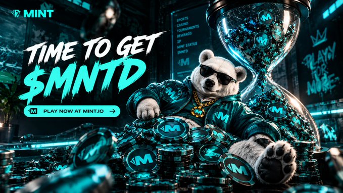 A promotional graphic for MINT featuring a bear wearing sunglasses and gold chains sitting among piles of coins next to an hourglass, with text reading "TIME TO GET $MNTD" and "PLAY NOW AT MINT.IO".
