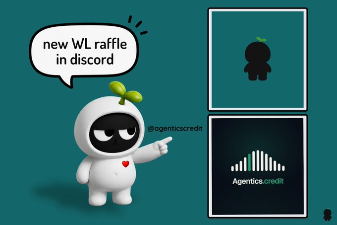 A cartoon character with a speech bubble saying "new WL raffle in discord" points toward two panels showing a silhouette avatar and the "Agentics.credit" logo, promoting a new raffle and airdrop opportunity shared by @agenticscredit on Discord.