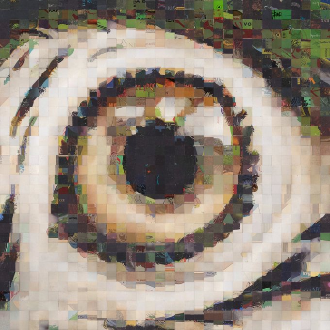 Digital mosaic artwork composed of many small square tiles forming a large stylized human eye with a dark pupil and green/earth-toned iris.