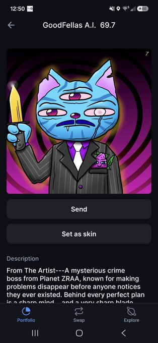 A mobile app screen showing an NFT titled 'GoodFellas A.I. 69.7', featuring a three-eyed cat in a suit holding a knife, with 'Send' and 'Set as skin' buttons.