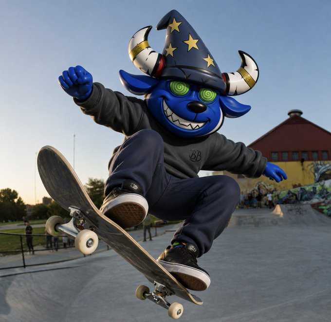 A photo of a blue mascot character wearing a wizard hat with stars and horns, performing a skateboard trick at an outdoor skatepark during sunset.