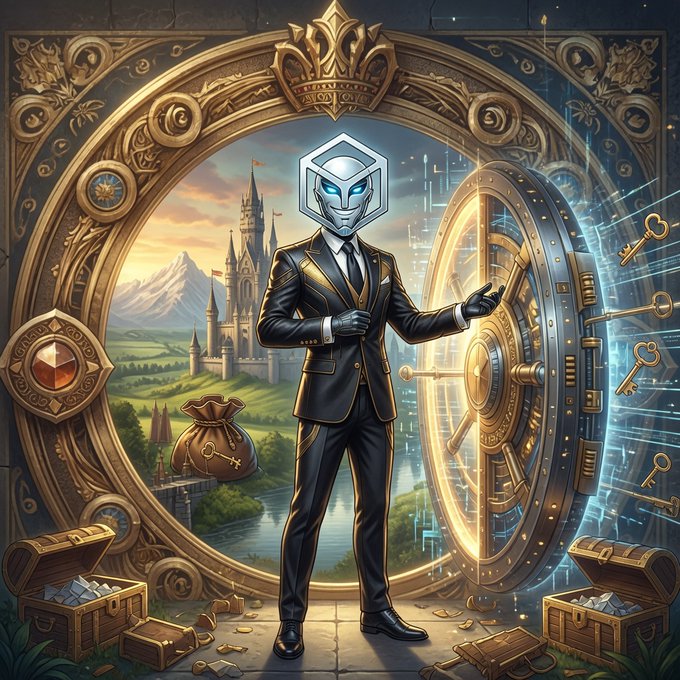 A digital illustration of a sleek, robotic figure in a black suit standing before an ornate golden portal that reveals a fantasy castle, treasure, and scattered gold coins and keys.