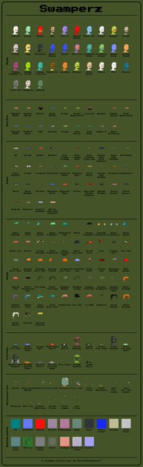 A pixel art sprite sheet titled 'Swamperz' featuring various character designs, heads, hats, weapons, and accessories.