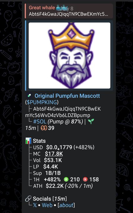 A Pump.fun token listing for 'Original Pumpfun Mascott' ($PUMPKING) showing stats including $17.8K market cap, $53.1K volume, and a 482% price increase in the last hour.