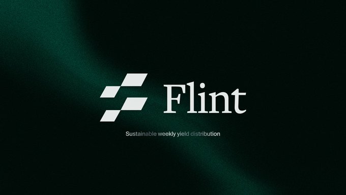 The image features a minimalist dark green background with a soft light flare, displaying the Flint logo (two stacked parallelograms) alongside the tagline "Sustainable weekly yield distribution." This visually reinforces the post's message about Flint offering a fundamentally different DeFi model—one built on real-world assets like euro real estate-backed bonds rather than emissions or leverage loops.