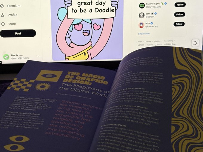 A copy of "The Rainbowzine" issue 01, featuring an article titled "The Magicians of Graphic Design: The MagiClans of Graphic Designers in the Digital World," rests in front of a computer screen showing a Doodles NFT post captioned "great day to be a Doodle." The image showcases the physical magazine received as Proof of Participation (PoP) from the collaboration with Doodles.