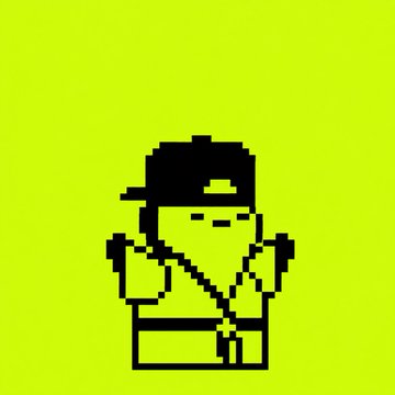 A pixel art character wearing a black cap and a yellow jacket over a white shirt, rendered in black silhouette on a bright yellow background.
