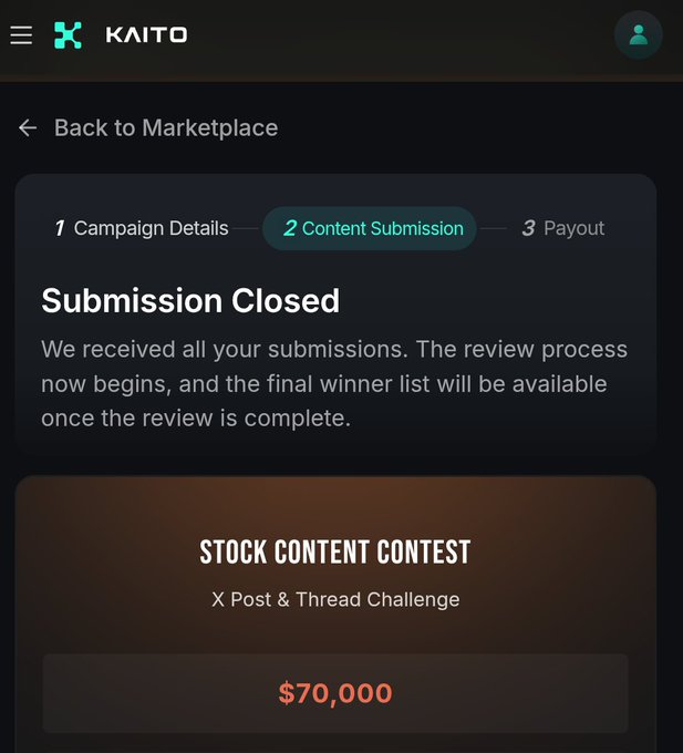 A screenshot from the KAITO platform showing a "Submission Closed" message for a "STOCK CONTENT CONTEST - X Post & Thread Challenge" with a $70,000 prize pool.