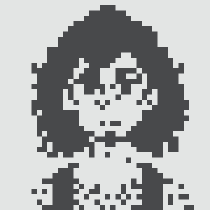 A pixel art image of a character's face in black and white.