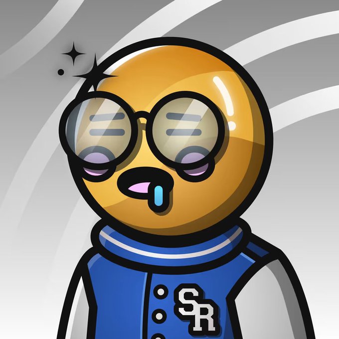 A cartoon-style yellow emoji-like character with round glasses, drool on its mouth, and a blue and white varsity jacket featuring the letters 'SR'.