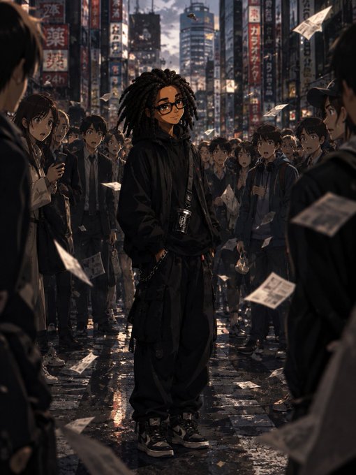 An anime-style illustration of a person with dreadlocks and glasses in an all-black streetwear outfit, standing confidently in a rainy, neon-lit city street while papers fly through the air and a crowd watches.