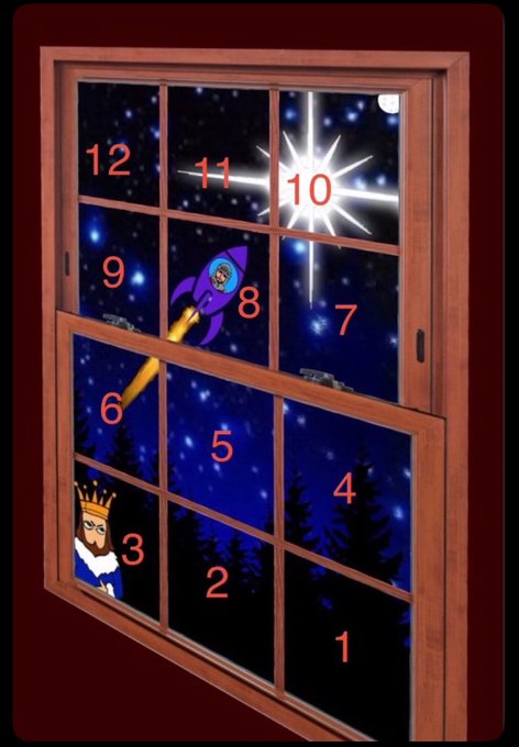 A wooden-framed window looks out onto a starry night sky, with panels numbered 1 through 12 serving as a clock face; a bright star shines at the "10" position while a rocket ship blasts off near the "8" and a crowned figure peers through the "3" pane. The image visually represents the post's metaphor, with the dazzling North Star at the 10 o'clock position symbolizing the guiding light of XRP/Ripple and the emerging financial system.