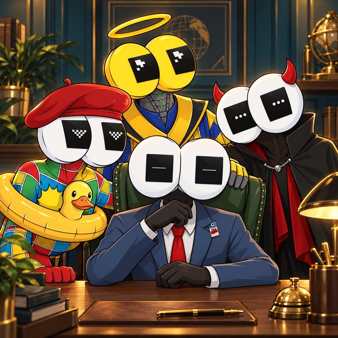 Digital artwork featuring a group of cartoonish characters with large googly eyes, including figures in a yellow robe, a blue suit with red tie, a colorful outfit with a rubber duck floatie, and a vampire costume, gathered around a desk.