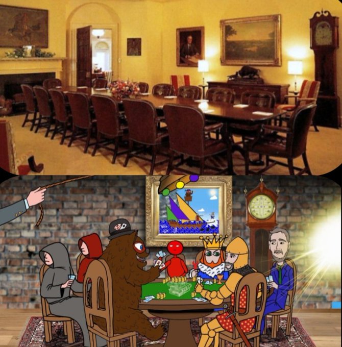 The image juxtaposes a formal, traditional White House meeting room (top) with a cartoonish illustration of tech and crypto figures—including a bear, a king, and hooded characters—gathered around a poker table (bottom). The accompanying post about a White House meeting with SEC and CFTC officials, alongside crypto and TradFi executives, visually contrasts the official setting with the eccentric, high-stakes nature of the industry leaders expected to attend.
