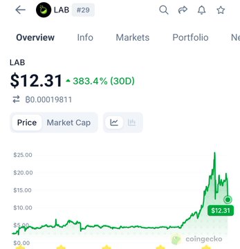 A computer screen displaying a graph showing an uptrend in value over time, with stock prices increasing from $12.31 to $18.74 in just a few days, and a green line indicating a buyback program was launched by Lab. The graph shows a significant increase in Lab's stock price after launching the buyback program, reaching $17.73. There are also several coins visible on the screen.