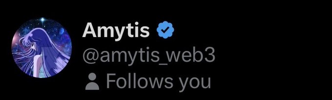 A Twitter/X profile header for 'Amytis @amytis_web3' with a verified checkmark, showing 'Follows you' beneath the username, accompanied by an anime-style avatar.