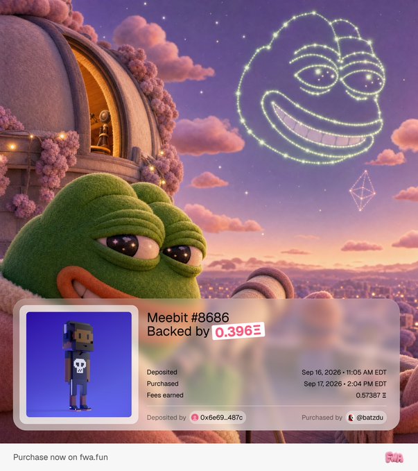 A promotional graphic for the FWA platform showing a 'Meebit #8686' being backed by '0.396Ξ', featuring a Pepe the Frog character and a glowing constellation face in a purple sky.